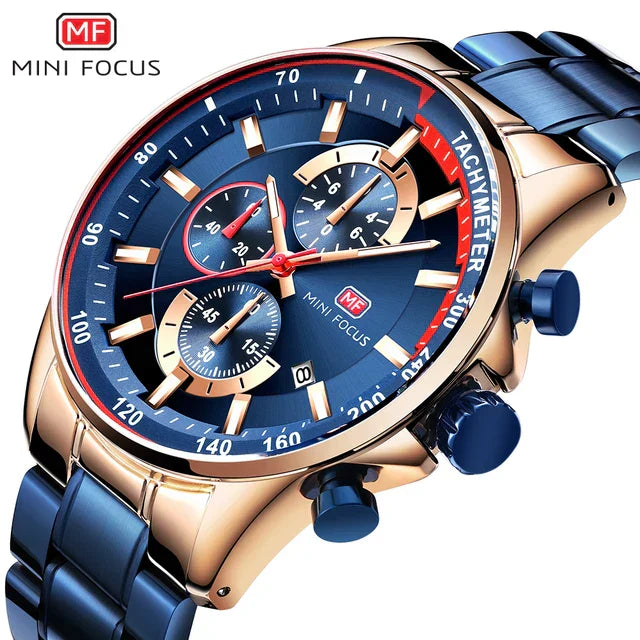 MINIFOCUS Luxury Brand Men Watches Stainless Steel Fashion Men's Wristwatch Quartz Watch Mens Waterproof Relogio Masculino Blue